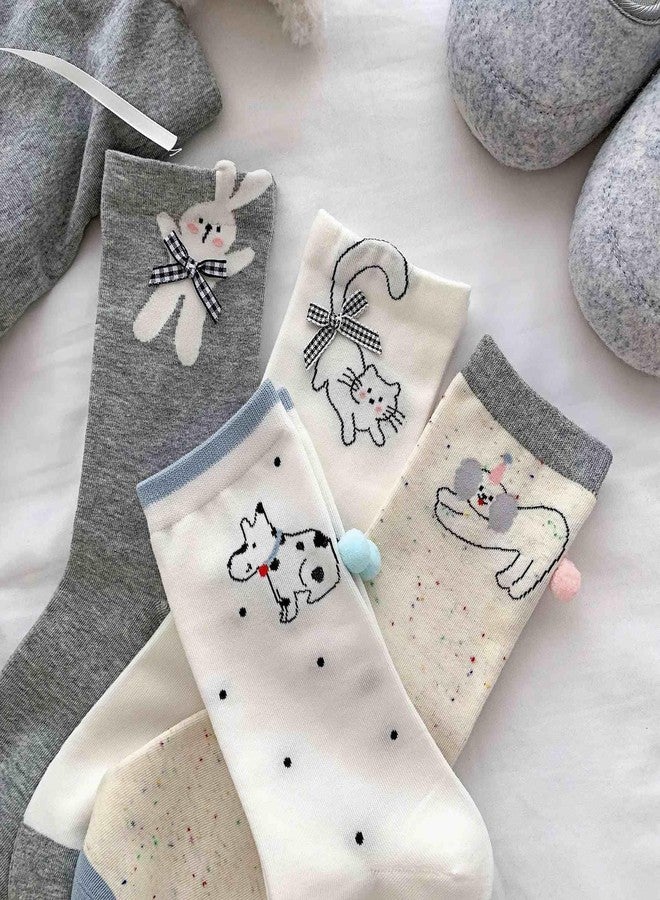Winatehr Cute Animal Socks, Novelty Fun Crew Socks for Women Teen Girl, Kawaii Bow Sock with Cat Dog Bunny Size 5-9, Funny Unique Bulk Stuff Gifts for Women (4 Pair) - Image 5